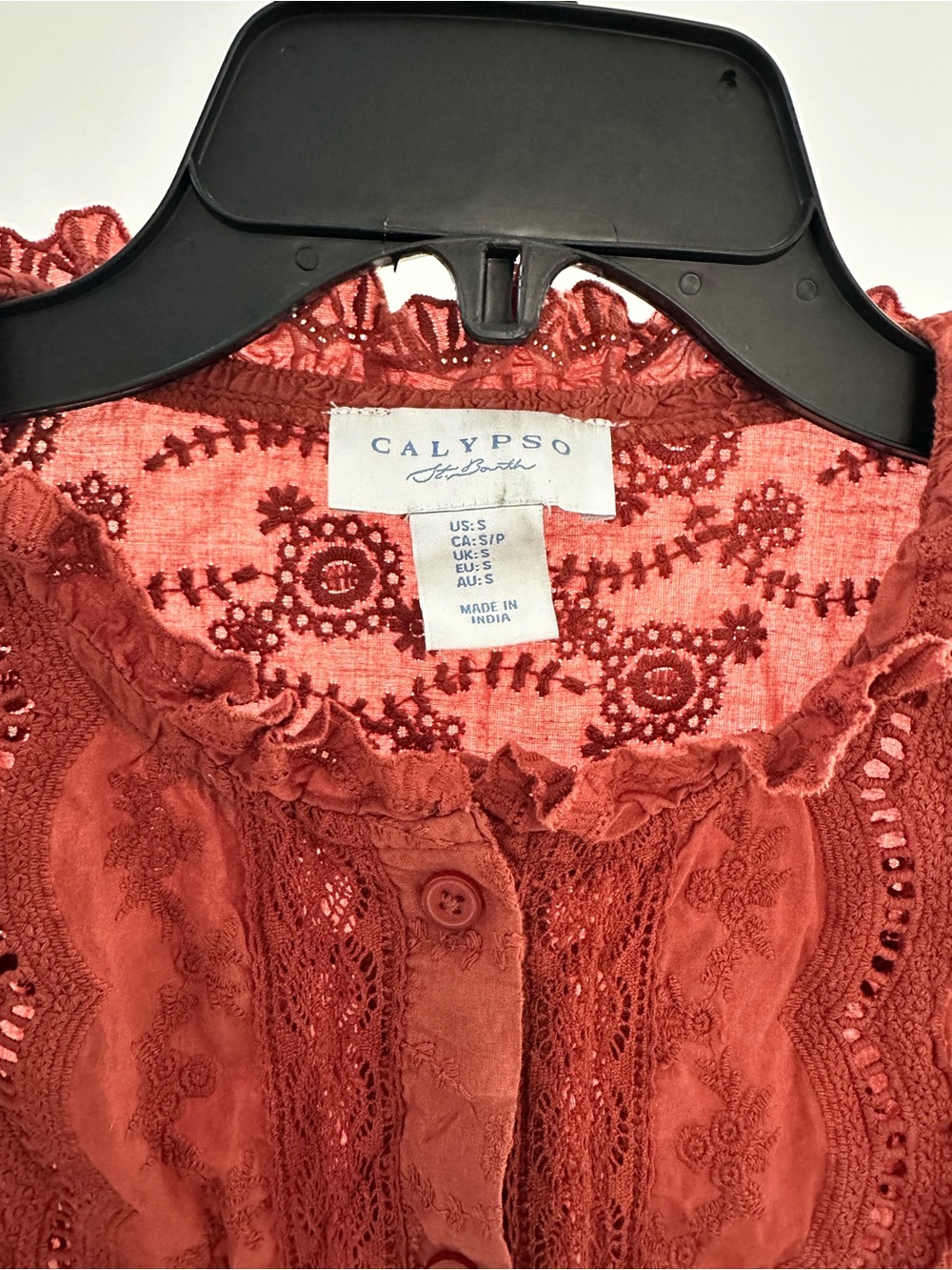 Calypso St. Barth Rust Button-Front Lace Classy Blouse - Picture 6 of 7
